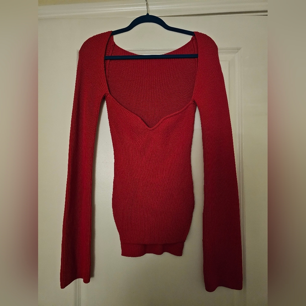 Deep Red Ribbed Knit Sweetheart Neck Sweater, Size L-XL